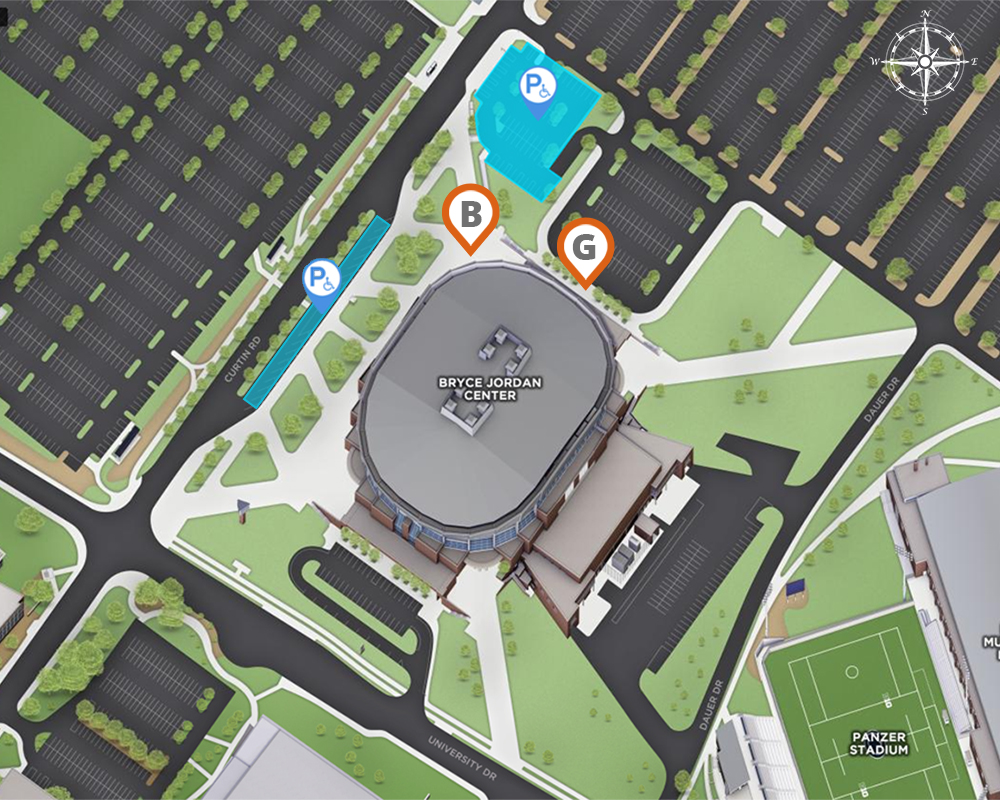 Map of parking and entry options for Bryce Jordan Center Satellite Elections Office in October 2020