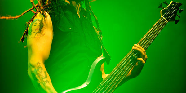 Disturbed bassist, John Moyer, plays during their concert at the BJC in 2009.