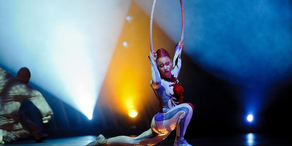Aerial hoop contortionist performs with hoop on stage. 