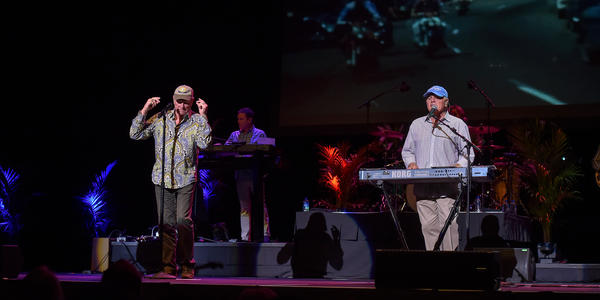 The Beach Boys wearing baseball caps and patterned button down shirts since for the BJC in 2015.