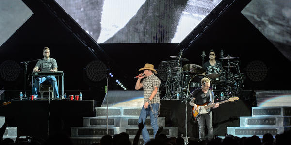 Long Shot of Jason Aldean performing with his band on stage at the BJC in 2016