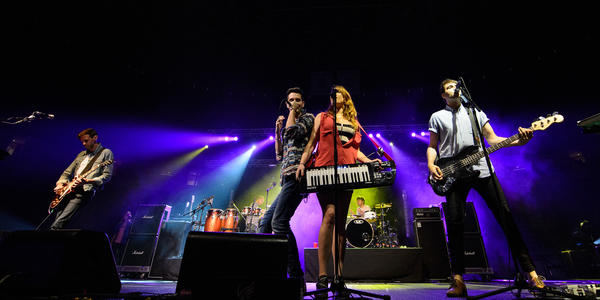 Cobra Starship all together on stage perform for the BJC audience in 2012.