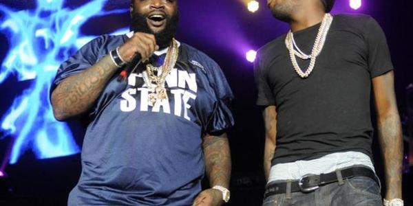 Rick Ross and Meek Mill on stage talking to the Bryce Jordan Center audience in 2012.