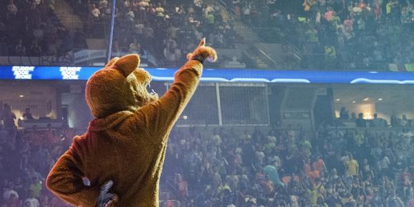 Nittany Lion on stage pumping up the dancers on the last day of THON. 